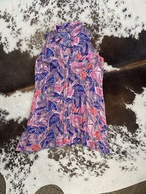 Sleeveless Pink & Blue Leaf-Print Women's Dress